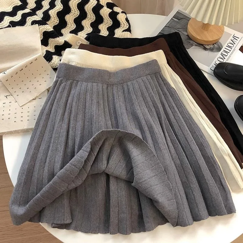 

plus Size Women's Knitted Pleated A-Line Skirt High Waist Loose Slimming Spring Autumn Trendy ort Skirt Casual Pure Color