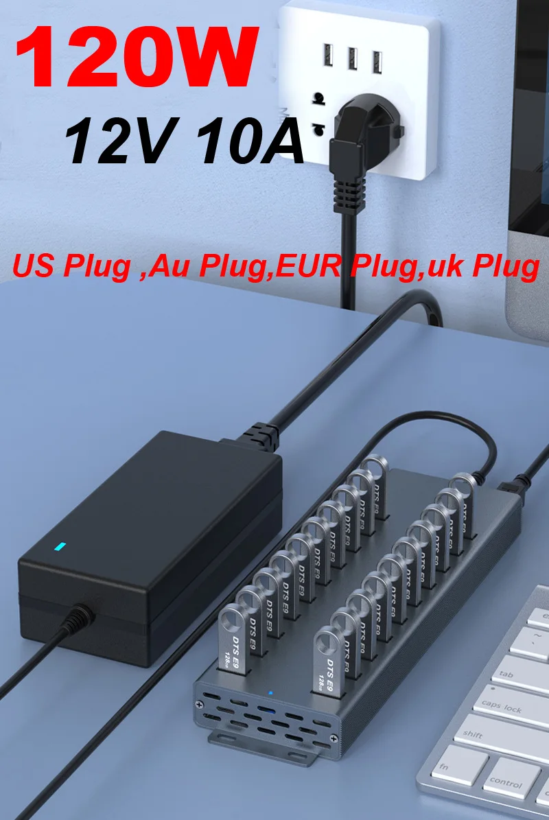 20 Port Multi USB 2.0 HUB High Speed Data Transmit Fast Charge USB Splitter External 120W 12V 10A AC Power Cable Adapter for PC