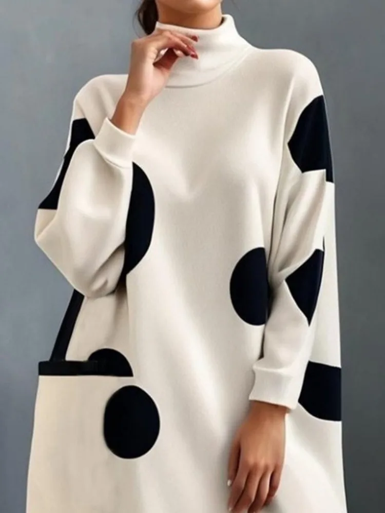 Onecozyday Women's Polka Dot Dress Stand Collar Long Sleeves Loose Fit Midi Dress for Female Autumn Fashion H-line Dress