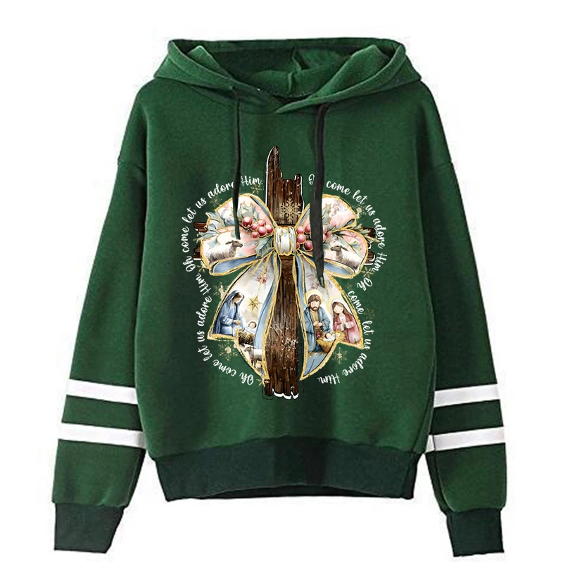 Jesus Christmas Bow Glitter Women Hoodie "Oh Come Let Us Adore Him" Christian Christmas Hoody Vintage Nativity Female Sweatshirt