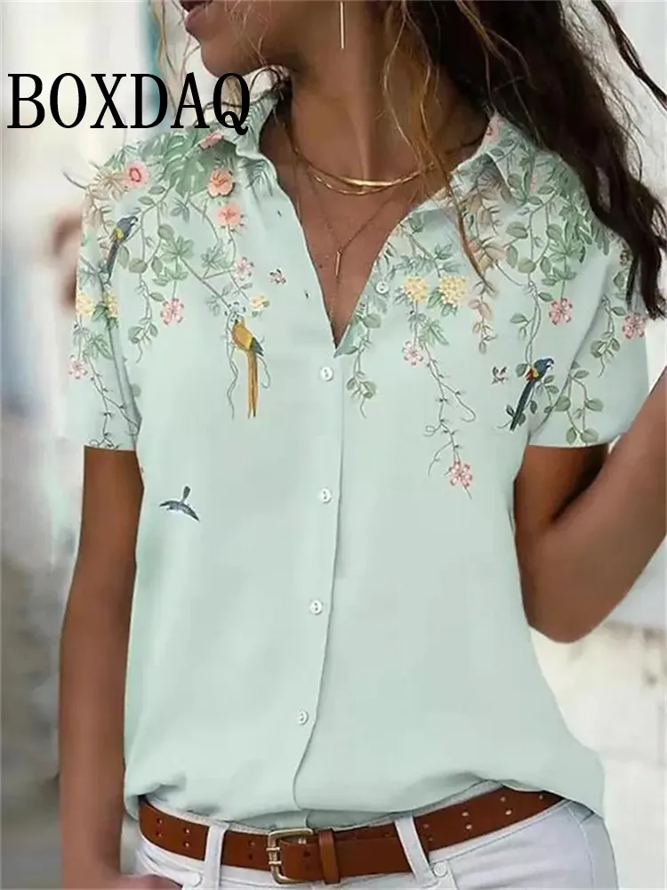 Summer Chic Women\'s Lapel Short-Sleeved Loose Shirts Spring Single-Breasted Tops Casual Flower Printed Blouses Women\'s Clothing