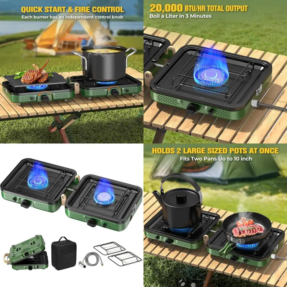 

Portable Propane Camping Stove with Grill, Carrying Bag, Adjustable Burners, and Piezo Ignition for Outdoor Adventures