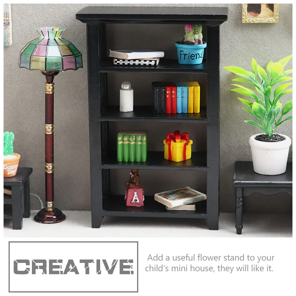 Black Flower Stand Decor Mini House Display Bookshelf Decoration Miniature Bookcase Tiny Model Wood Furniture Four-layers Rack