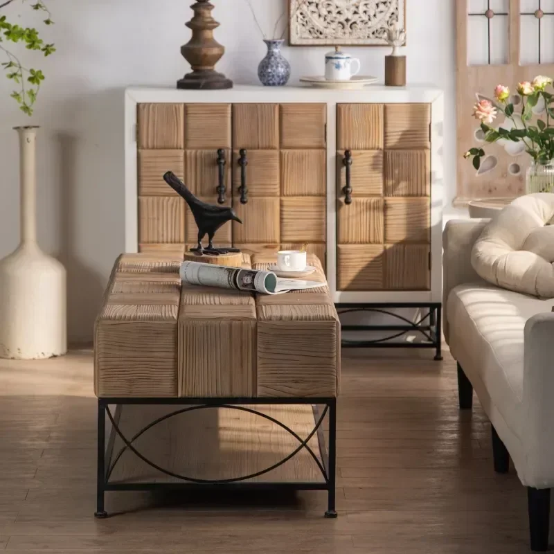 47.64"Small Grid Splicing Design Retro Square Coffee Table,for Living Room,Office,and Dining Room