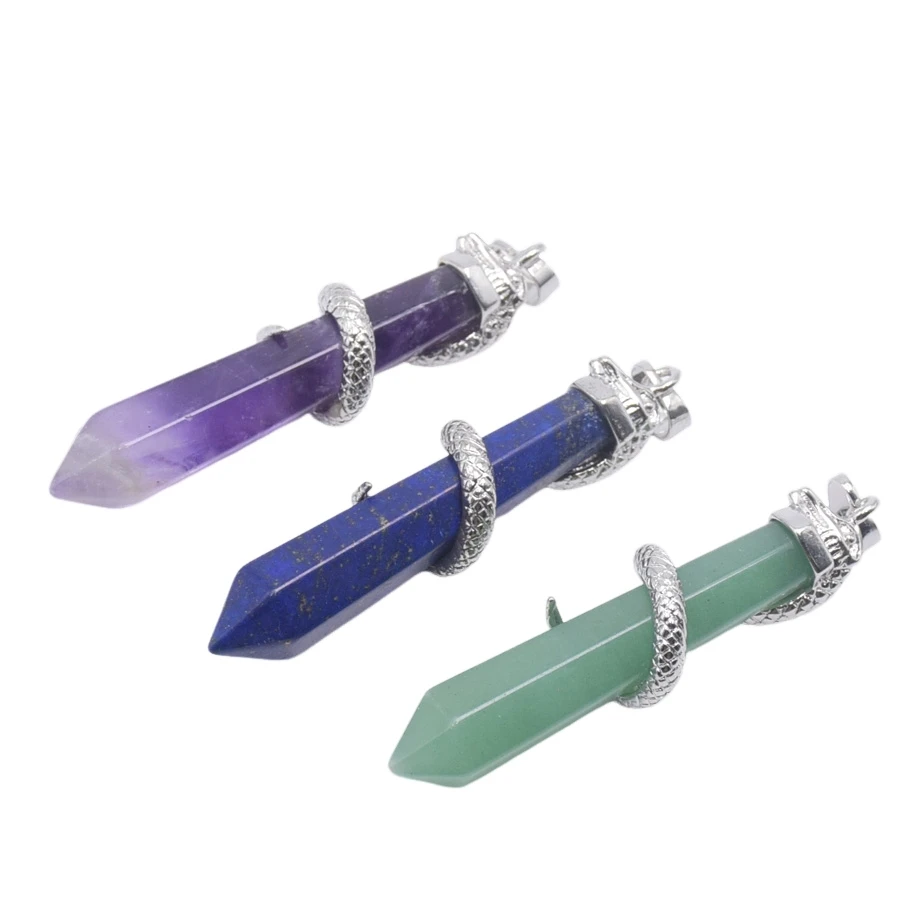 Silver Plated snake Charms Hexagonal Point Pendant Natural Amethysts Pink Crystal Black Onyx Red Stone Long Necklace Pendants