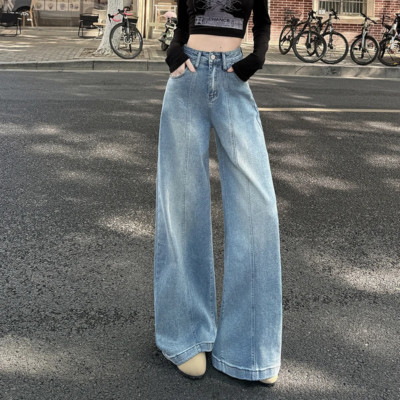 High Waist Wide-leg Jeans for Women Spring Summer Loose Straight Trousers Elastic Korean Clothes Denim Street Wear Capris Pants