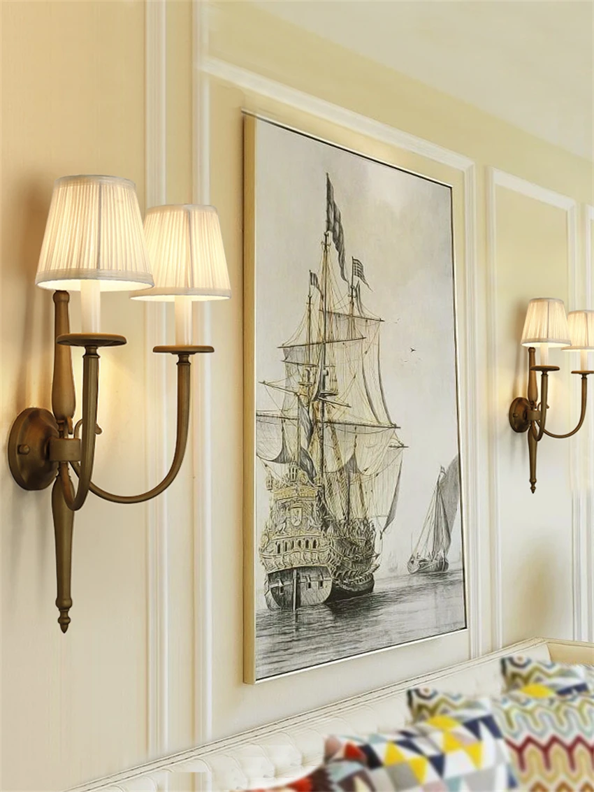 French vintage bronze candlestick wall lamps living room American double head hallway aisle bedside decorative sconces lights