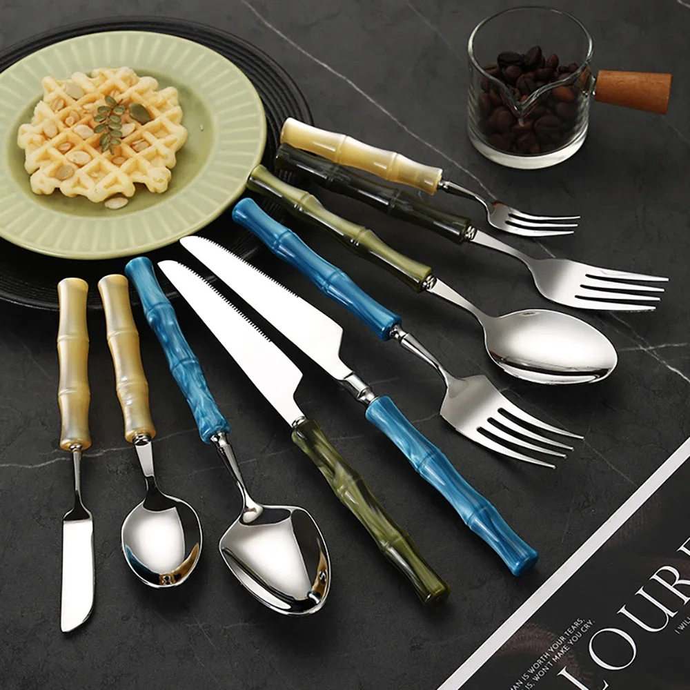 4/6Pcs Cutlery Sets Acrylic Handle Knife Fork Set Stainless Steels Dinner Green Silver Western Dinnerware Home Kitchen Flatware