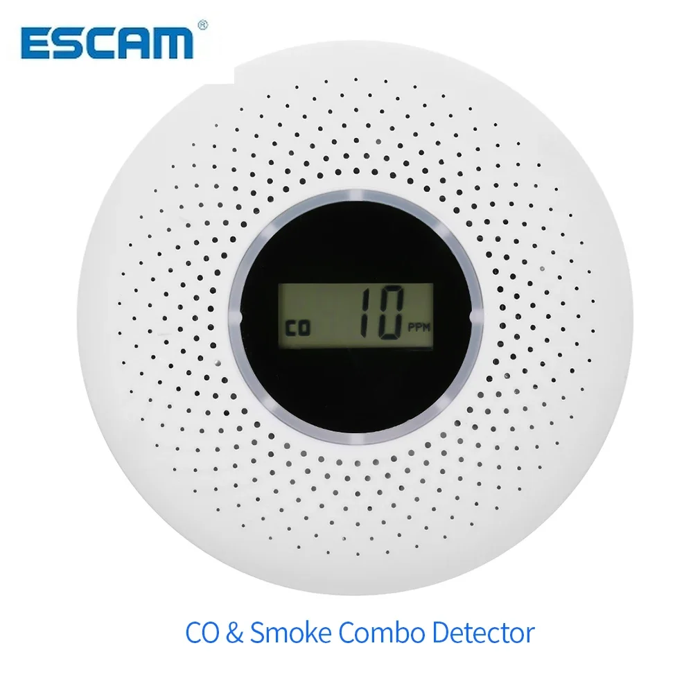 ESCAM 2-in-1 LCD-scherm Koolmonoxide- en rookcombinatiedetector Werkt op batterijen CO-alarm met LED-licht Knipperend geluidswaarschuwing