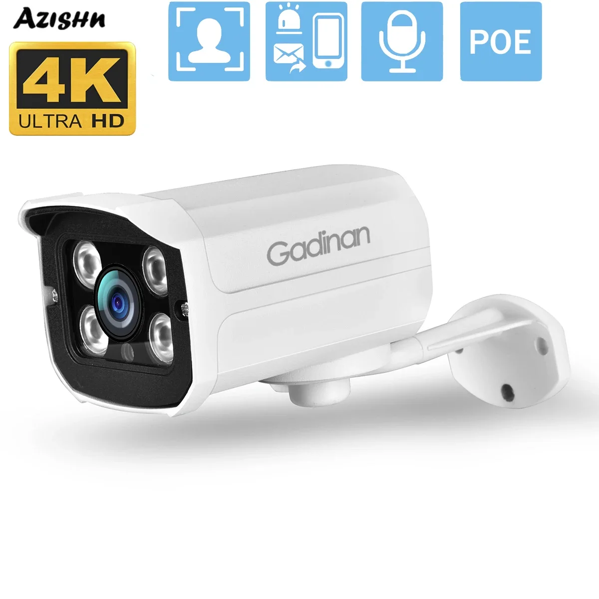 AZISHN Outdoor Audio Face Detection 8MP 4K IP Surveillance Camera Infrared Night Vision Bullet Housing Camera