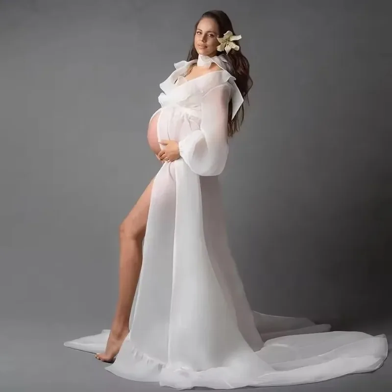 Boho Umstands-Fotoshooting-Chiffonkleid mit Rüschenhals, Laternenärmeln und Krawattenkordel, Schwangerschaftsrobe für die Babyparty