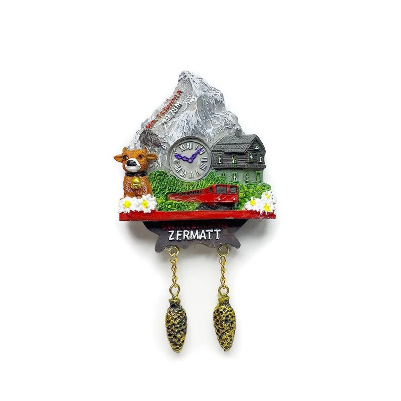 

Cute Switzerland Zermatt (Cuckoo Clock Shape + Matterhorn & Local Elements 3D Stereo) 3D Resin Fridge Magnet Home Decor Item