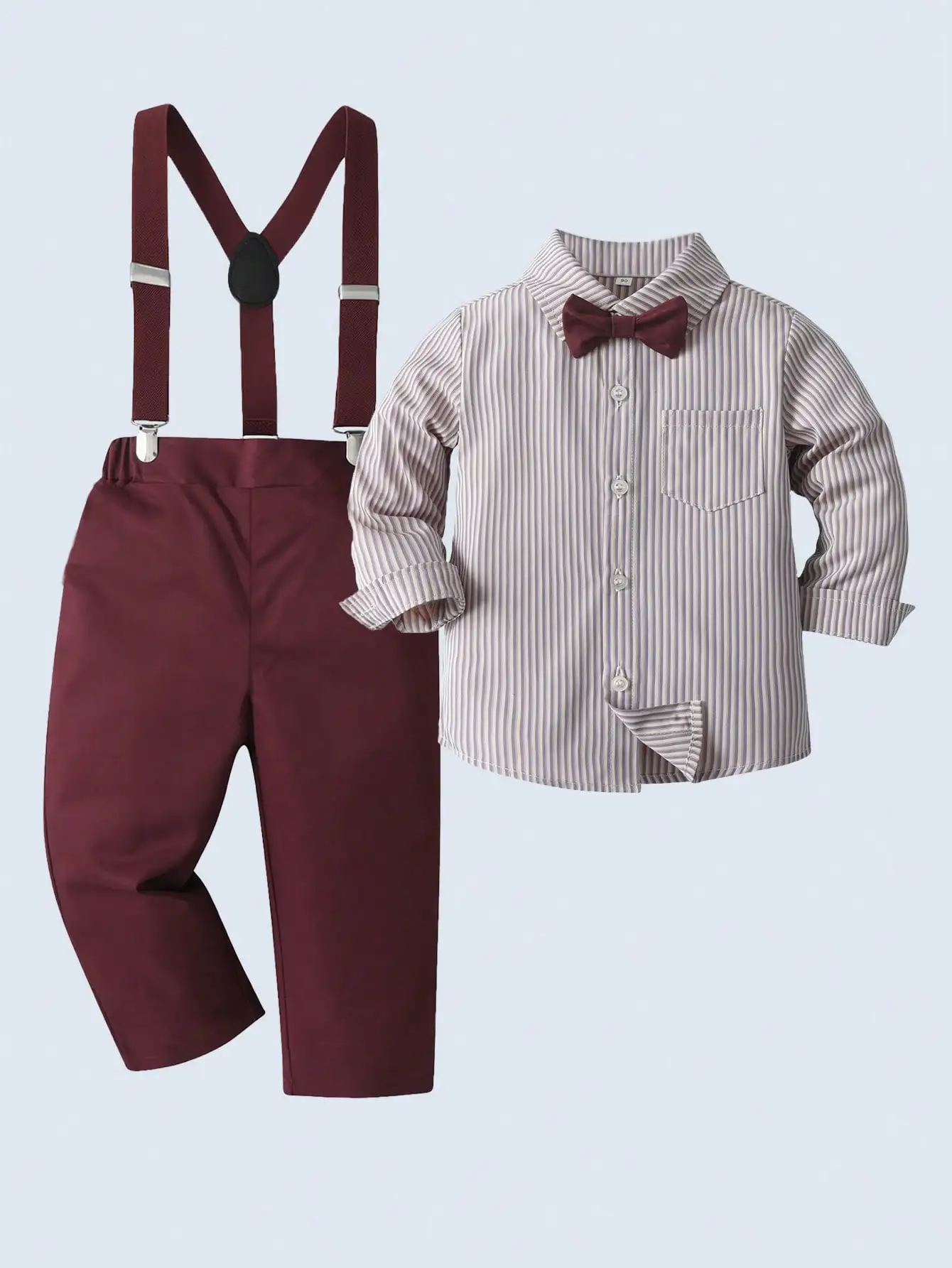 

2-Piece Boys Formal Outfit: Striped Long Sleeve Shirt with Bow Tie & Suspender Pants