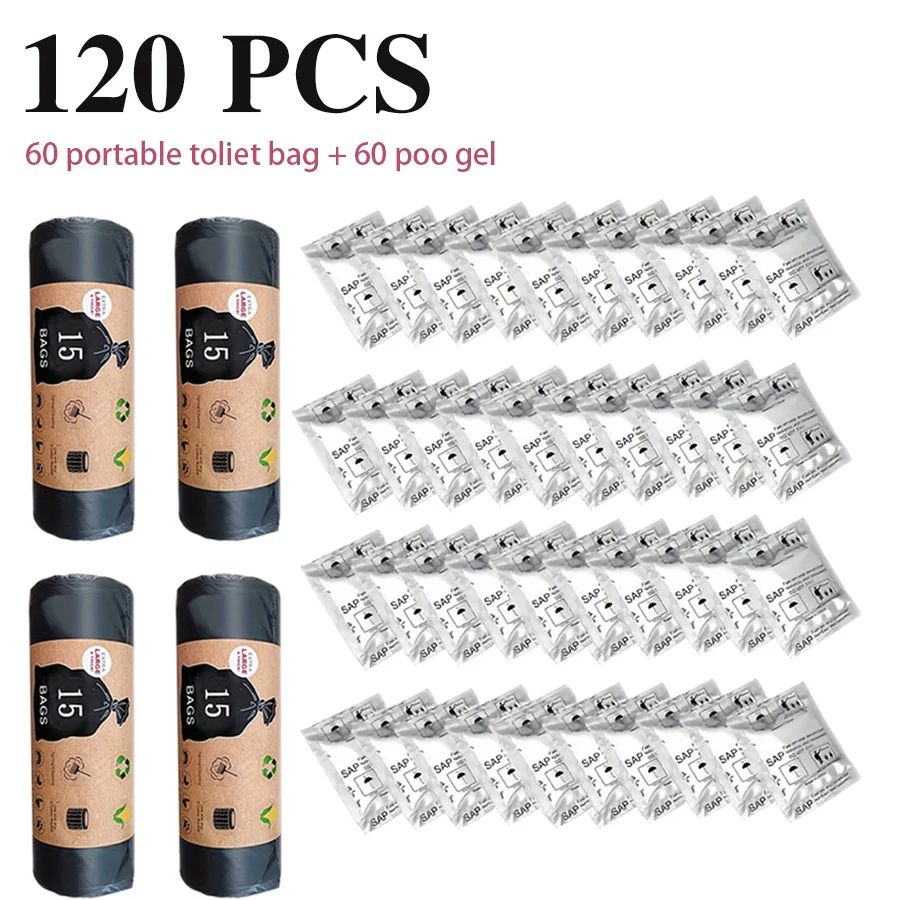120Pcs Disposable Camping Toilet Supplies 60 Toilet Bags+60 Absorbent Poo Gel for Outdoor Hiking Travel Emergency