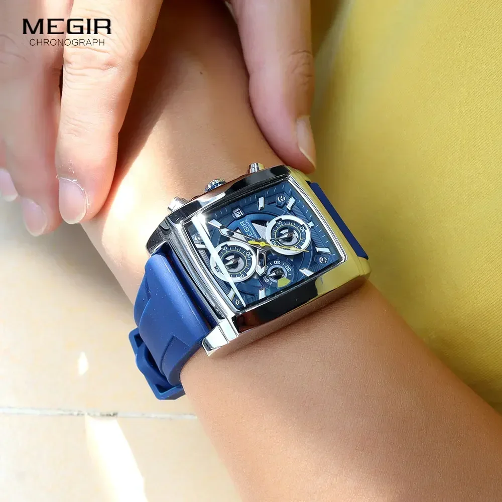 MEGIR Casual นาฬิกาสปอร์ตสําหรับผู้ชายแฟชั่นกันน้ํานาฬิกาข้อมือควอตซ์โครโนกราฟพร้อมมือส่องสว่างสายซิลิโคนสีฟ้าวันที่