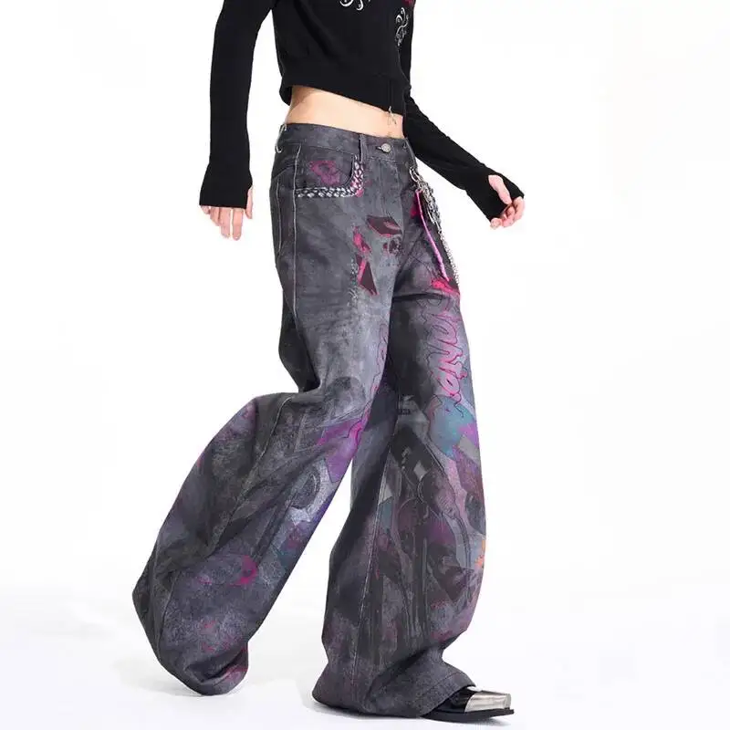 LUZHEN Wide Pants Loose Original Leg Denim Pattern Printed Men's 2025 New Personalized Street Vintage Style Casual Jeans JY7397