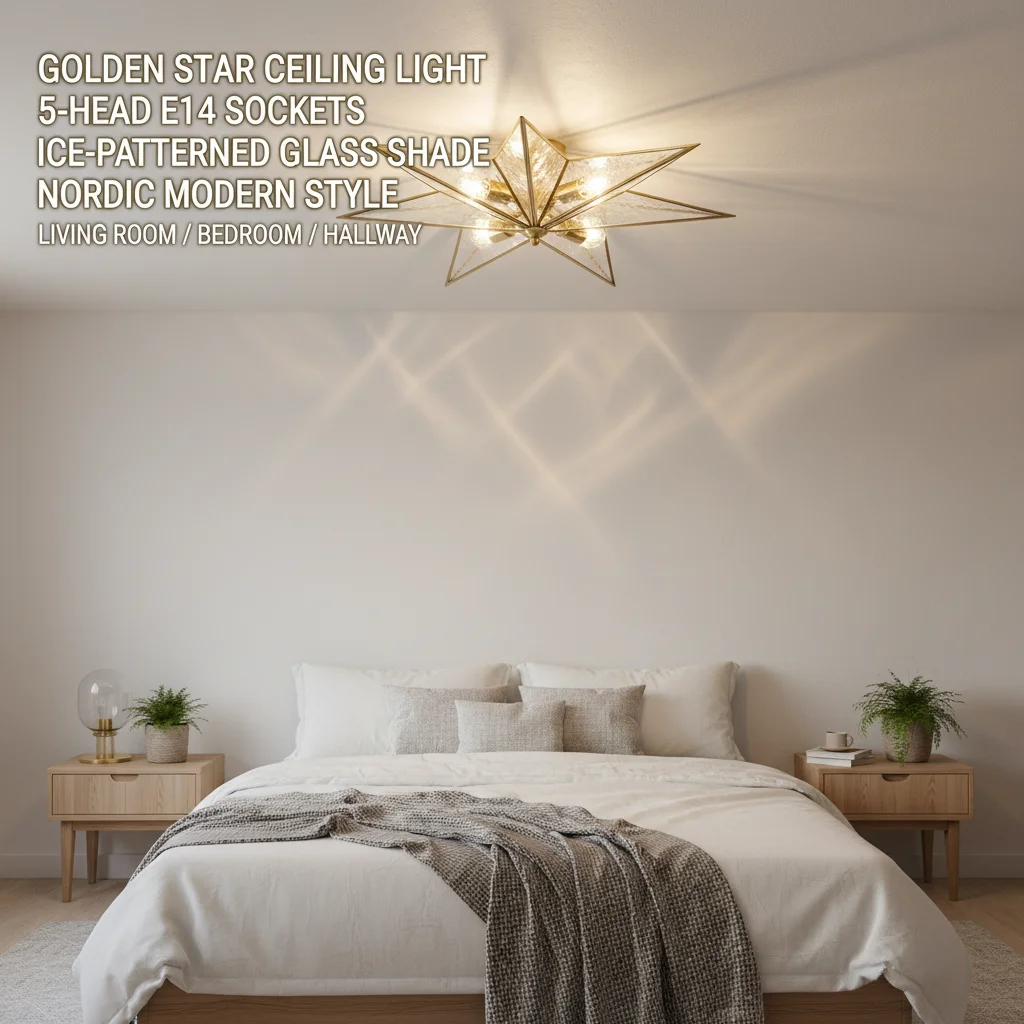 

Gold Star Ceiling Light 5-Light, Nordic Modern Ceiling Lamp with Ice Pattern Glass, E14 Base for Living Room Bedroom, 110-220V