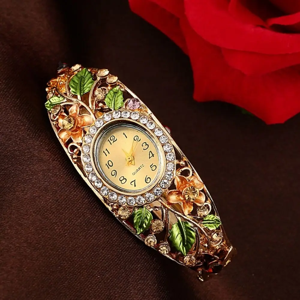 Elegant Alloy Rhinestone Dress Watch Round Dial Luxury Flower Watch Quartz Movement Quartz Bracelet Wristwatch Casual Occasion