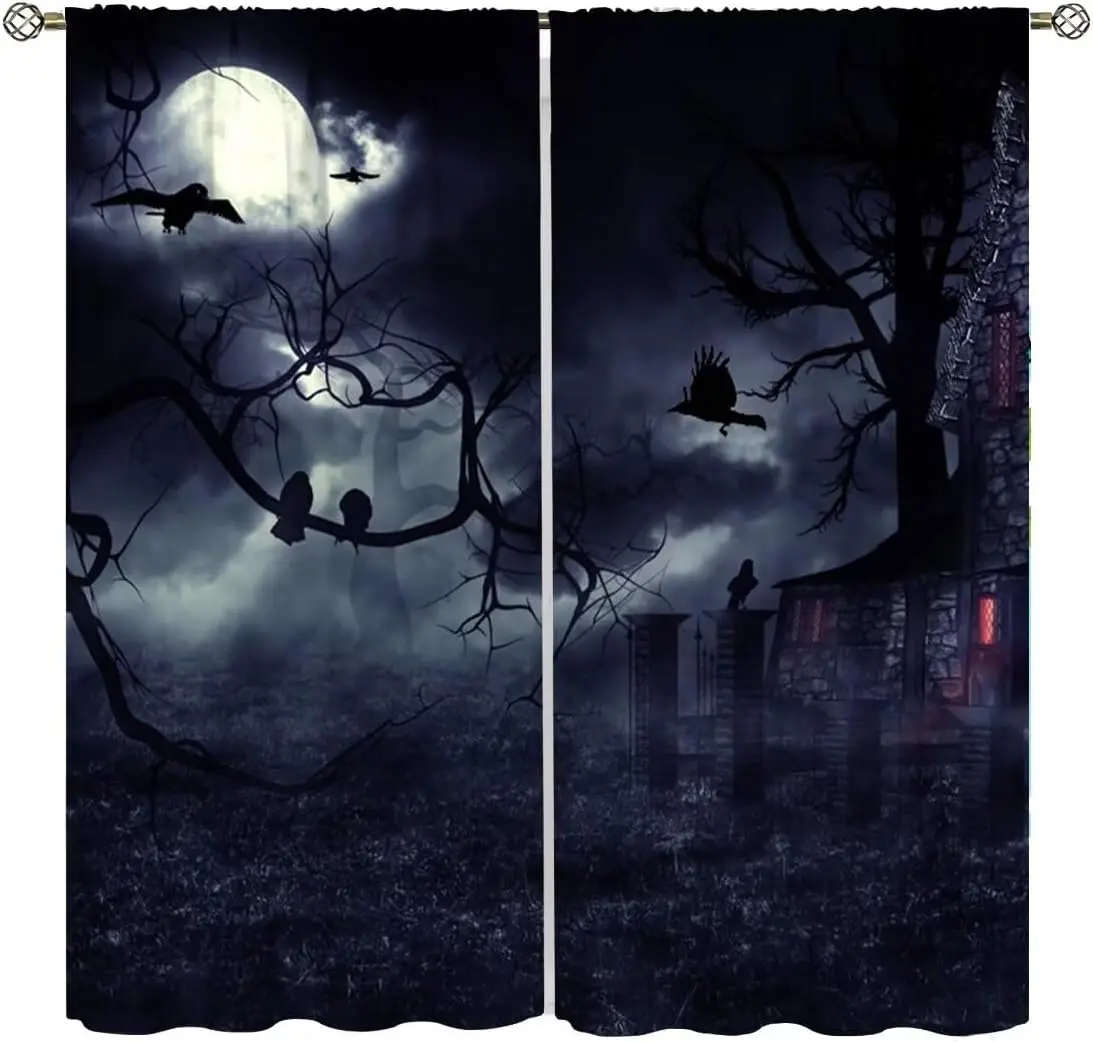 

Занавеска с принтом «Призрачный замок, полная луна и вороны» для темного декора комнаты на Хэллоуин