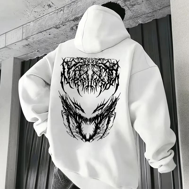 Sudadera con capucha para hombre con estampado de monstruo de heavy metal, estilo urbano oscuro holgada informal, de manga larga