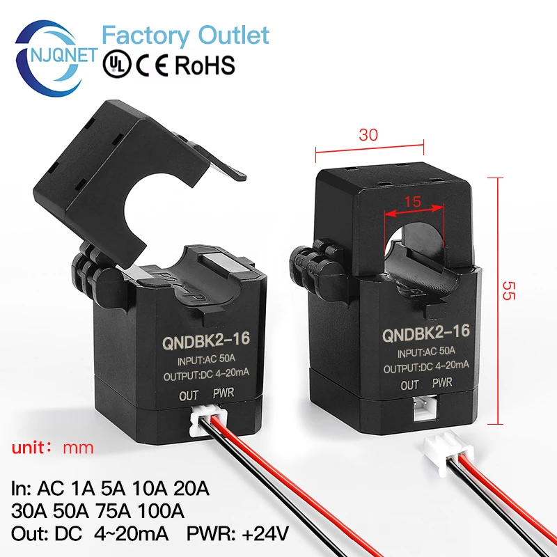 

QNDBK2-16 AC 5A 10A 20A 50A 100A 200A Out 4 20mA split core current transducer clamp current sensor transformer ct transmitter