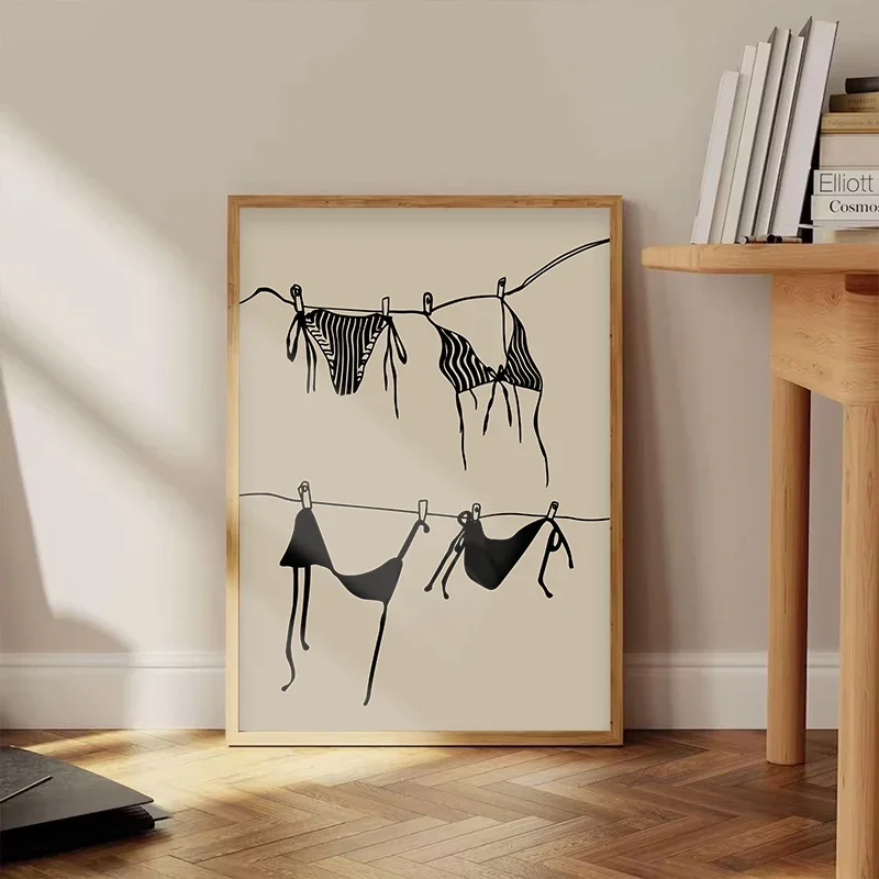 Modern Fashion Beige Girl Bikini Print Poster Sexy Black Swimsuit Aesthetic Canvas Painting Picture Bedroom Wall Art Home Decor