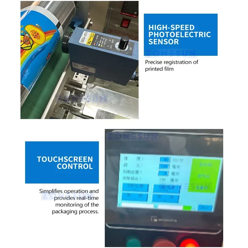 ZONESUN ZS-CFW1000A Automatic Horizontal Flow Packaging Machine Pillow Type Wrapper for Candy Chocolate Bar Food Packaging