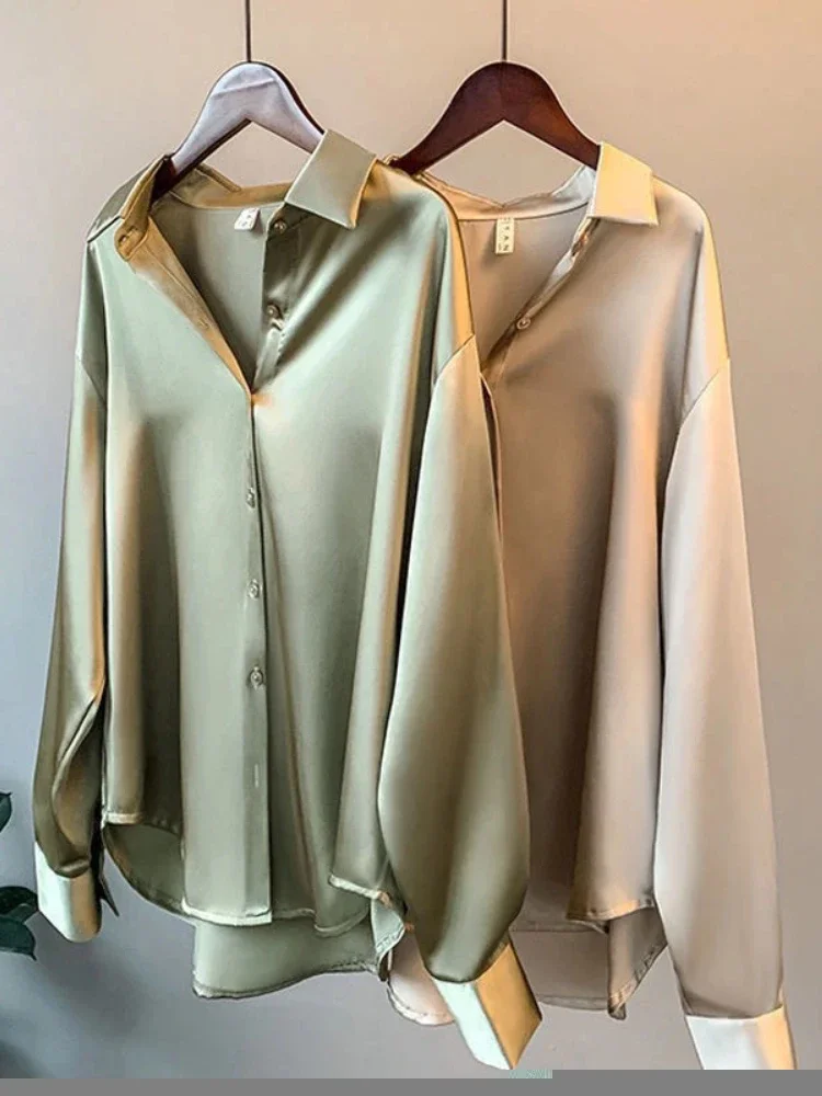 

Women Shirts Elegant Satin Silk Spring Summer 2024 Botton Up Office Ladies Oversize Long Sleeve Tops for Women Beautiful Blouse