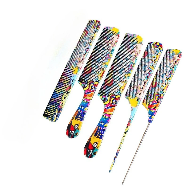 5Pcs/Set Water Transfer Professional Hair Comb Barber Hairdressing Hair Cutting Brush Anti-static Tangle Salon Hair Care Styling