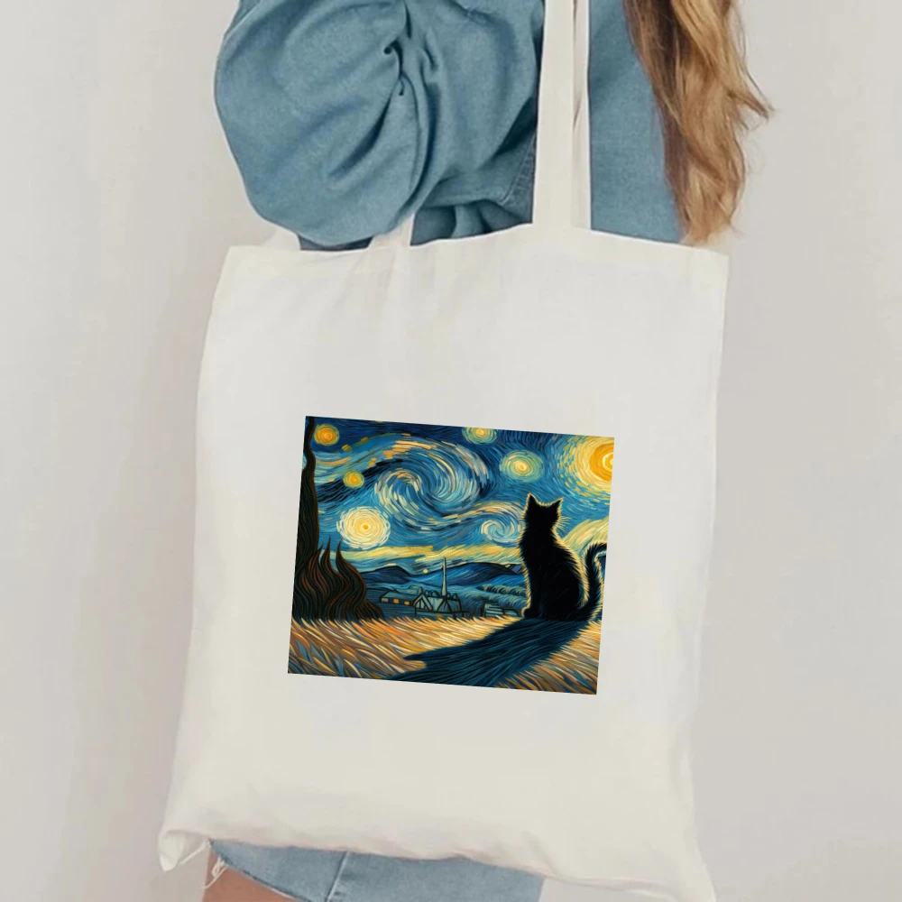 Starry Night Cat Print Canvas Tote Bag Van Gogh Inspired Artistic Women Shoulder Bag