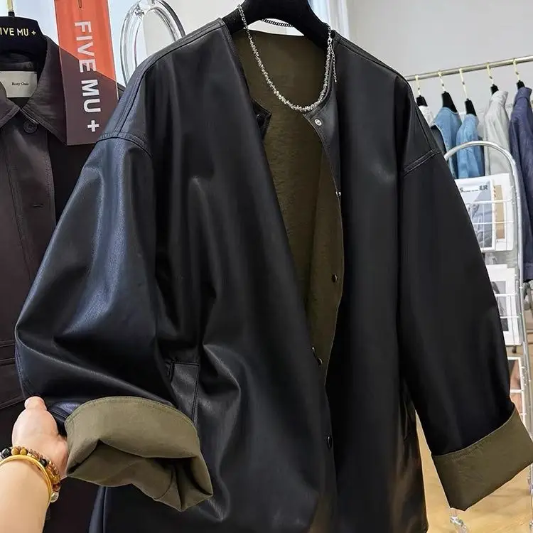 เสื้อโค้ทผู้หญิงแฟชั่นฤดูใบไม้ผลิและฤดูใบไม้ร่วงปี 2025 แบบสวมใส่สบาย สไตล์ลำลอง ทรงหลวม ใส่ได้สองด้าน ผ้าหนัง PU ทรงกลม รุ่นใหม่