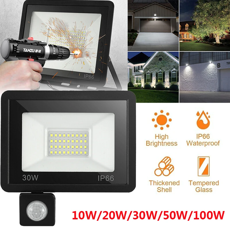 Reflector LED IP66 resistente al agua con Sensor de movimiento PIR, foco LED para exteriores, iluminación de jardín y calle, 100W, 50W, 30W, 20W