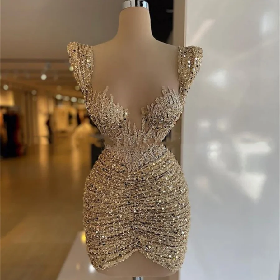 Gold Prom Dresses Mini Short Beaded Formal Party Night Vestidos Elegant Cocktail Dress Homecoming Gowns فساتين للحفلات الراقصة