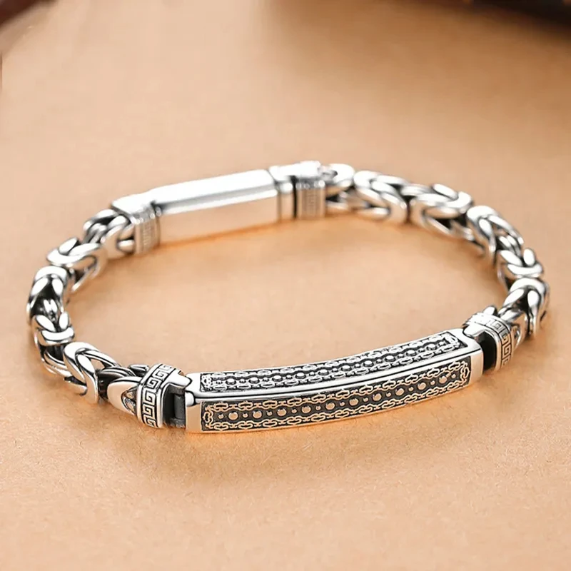 HX Silver 4mm/5mm Jewelry Men\'s Bracelet Personality Peace Pattern Retro Hipster Key Pattern Buckle Gift Accessory Chain Series