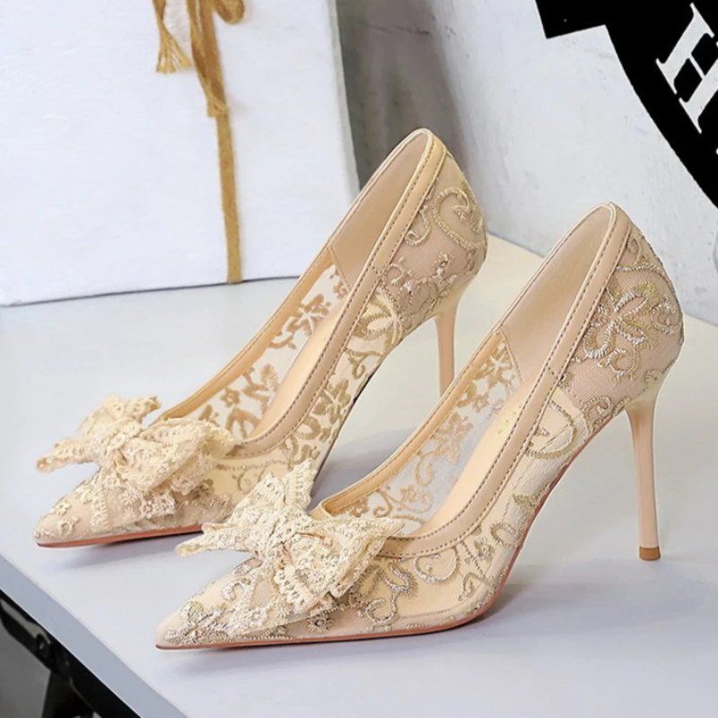 BIGTREE Shoes Women 9.5 Cm Heels Lace Mesh Women Pumps Bowknot High Heels Stiletto Sexy Party Shoes Fashion Lady Wedding Shoes