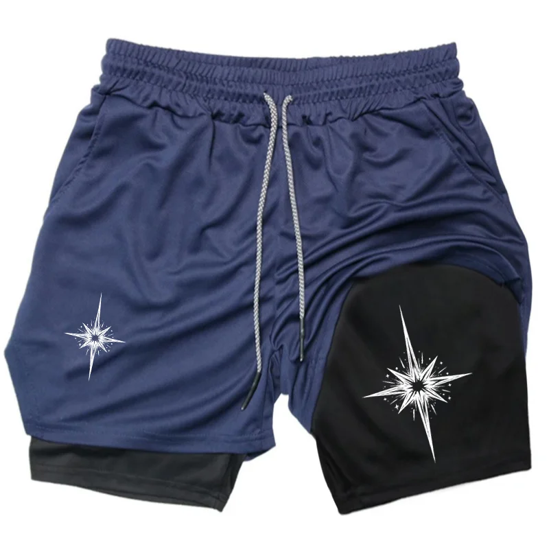 

Cross Star Print 2 in 1 Running Shorts Men Gym Fitness Training Quick Dry Short Pants Male Outdoor Sport Jogging Pocket Bermuda
