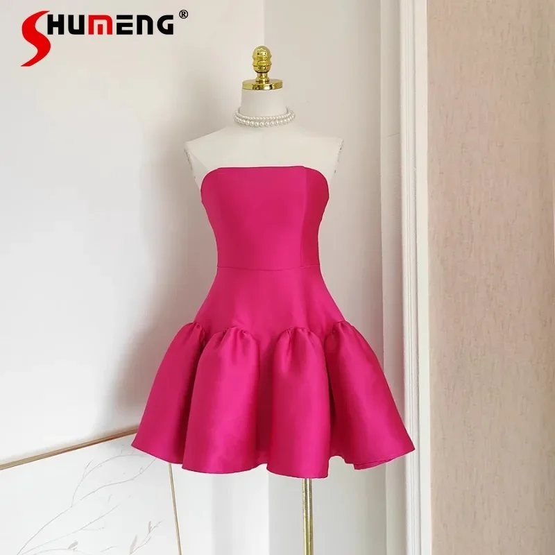 

2024 New French Minority Design Rose Red Dress Chic Pleated Ruffles Tube Top Cinched Waist Slim-Fit Sleeveless Vestidos De Mujer