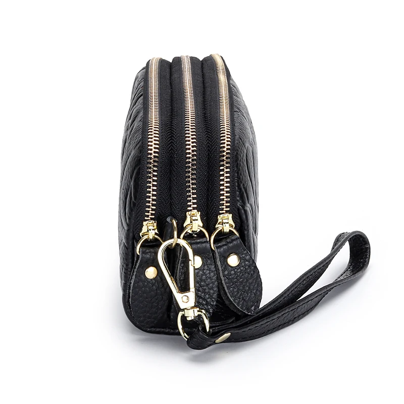 Hot Selling Genuine Leather Women Clutch Wallets with Wrist Strap Fashion Embossed Flowers Three Zippers Compartment  Wallet