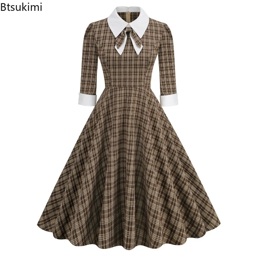 

Women's Retro British Style Dress Contrast Shirt Collar Bow Tie Plaid Long Sleeved Mid Length Dress Elegant Party Dresses Ladies