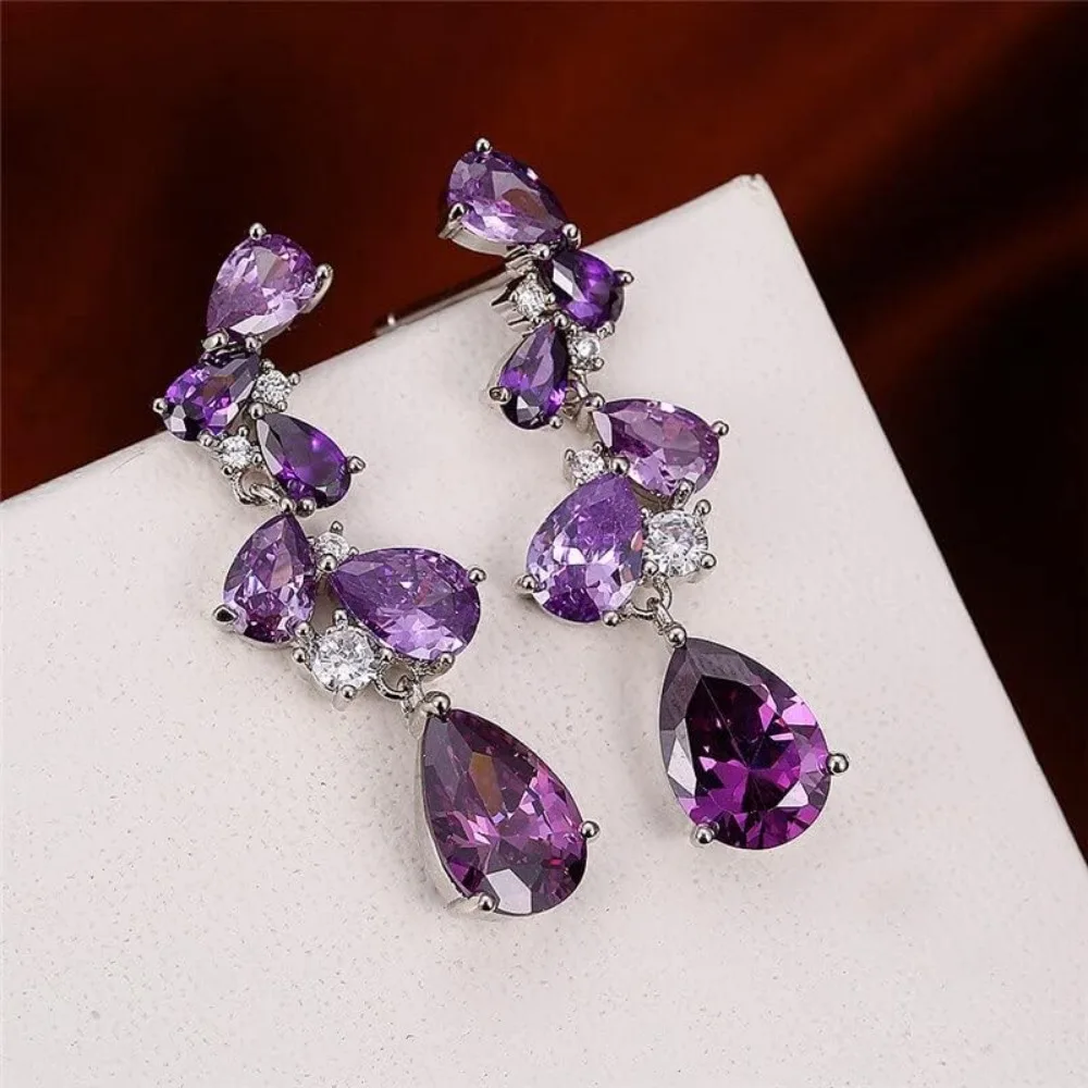 Light Luxury Women\'s Purple Water Drop Earrings Exquisite Crystal Zircon Temperament High-end Earrings