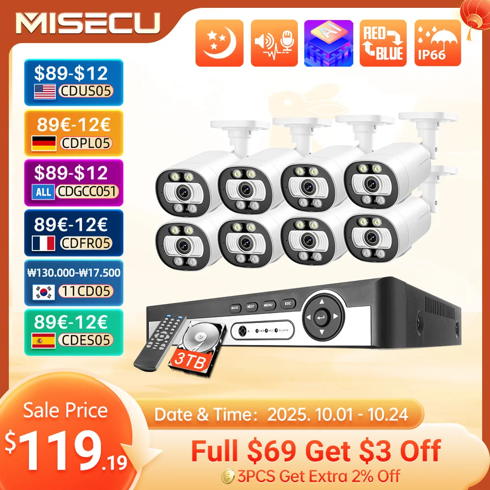 Misecu 8CH 4K 5MP POE Security AI Camera System Face Detect 8MP CCTV Record Surveillance Protection Kit Color Night Vision NVR