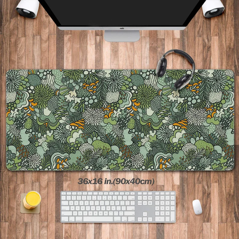 

Art Nouveau Botanical Desk Mat,Floral Vegetal in Sage Green Ideal for Cute Desk Decoration Laptop Mat with Extended Keyboard