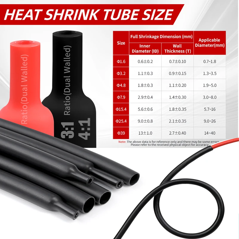 1~10m 3:1/4:1 Dual Wall Heat Shrink Tube With Glue Inside Diameter 1.6mm - 50mm Polyolefin ﻿Adhesive Lined Cable Sleeve Wrap