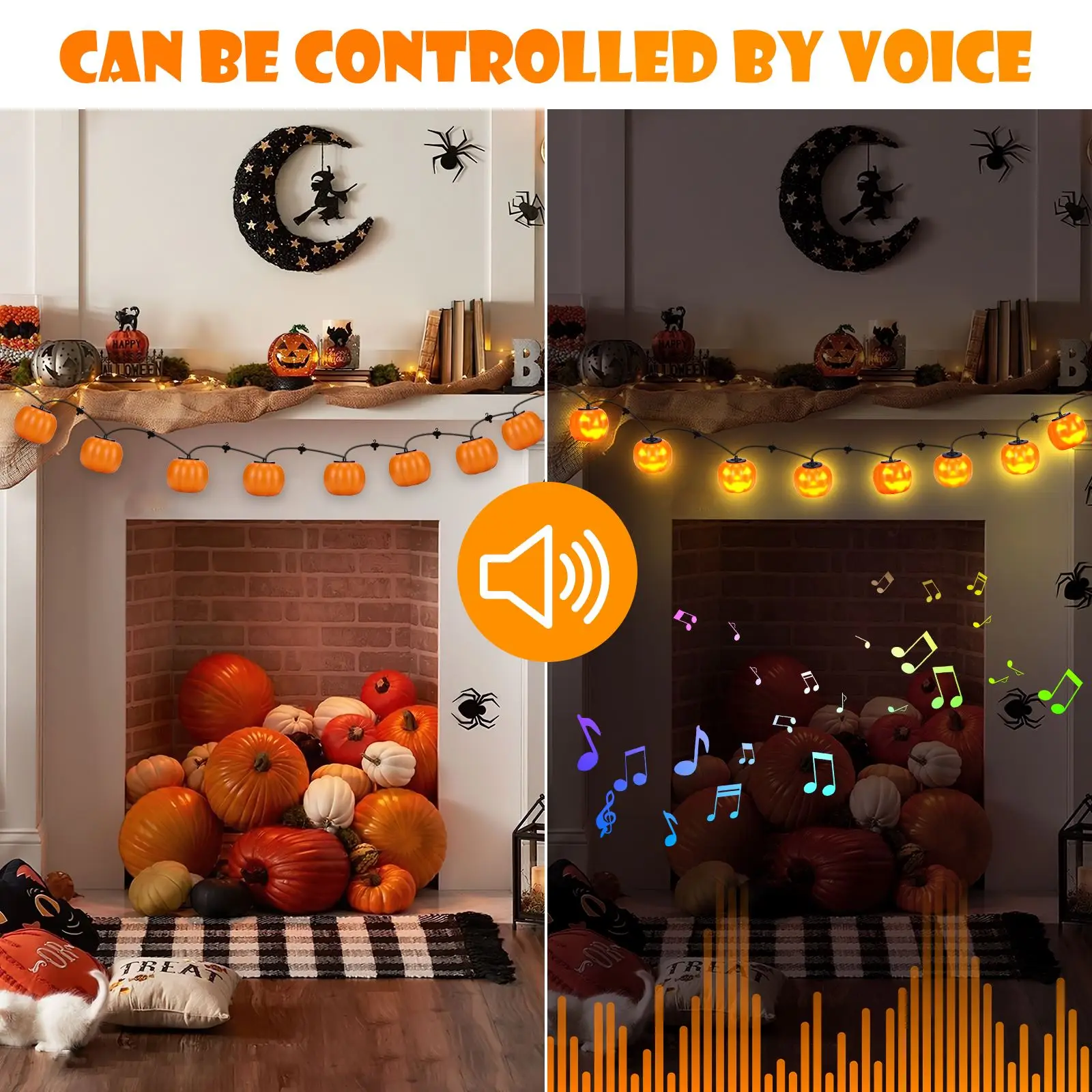 8pcs Led Pumpkin Lantern Portable Strings Light With Emoticons Inspired By Singing On Halloween Home Bar Party Outdoor Decora