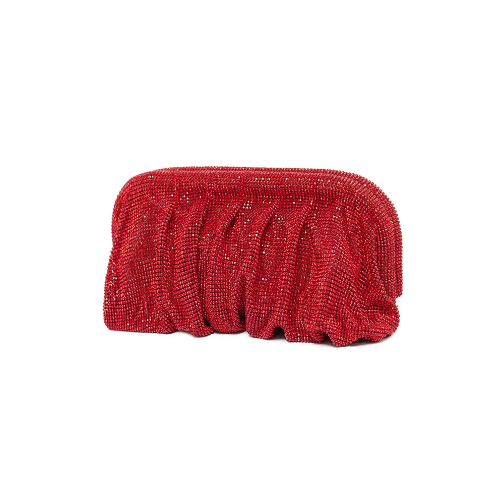Red Aluminum Mesh Rhinestone Pleated Cloud Clutch Bag, Women Evening Purse with Detachable Chain, Multi-use Crossbody Shoulder B - view 3