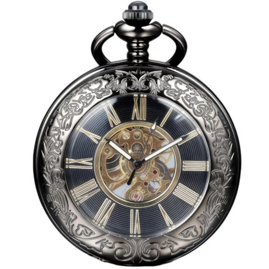 

Mechanical Pocket Watch, for Men Women Special Magnifier Half Hunter Engraved Case Roman Numerals with Chain