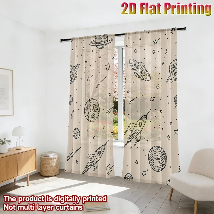 2PCS Digital Printed Sheer Curtain, Saturn Astronaut Space Print, Cosmic Galaxy Sci Fi for Living Room Bedroom Home Decor