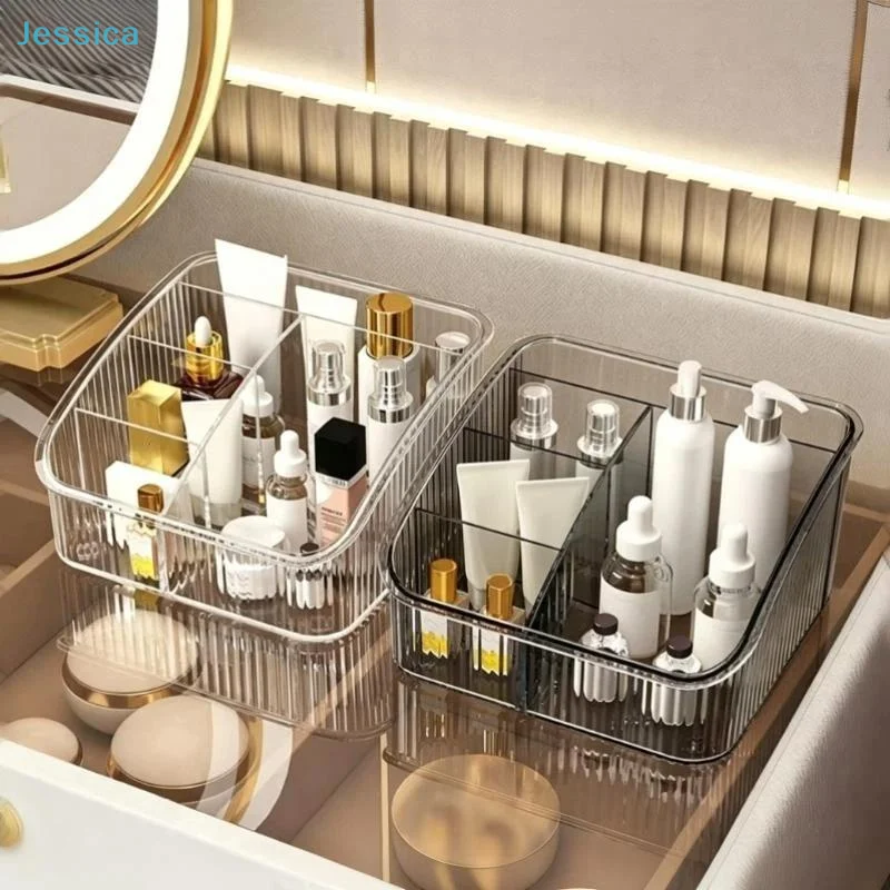 〔S〕Gestreifte, transparente Kosmetik-Aufbewahrungsbox, Mehrfach-Make-up-Organizer für Badezimmer, Kommode, Hautpflege und Lippenstift-Halter