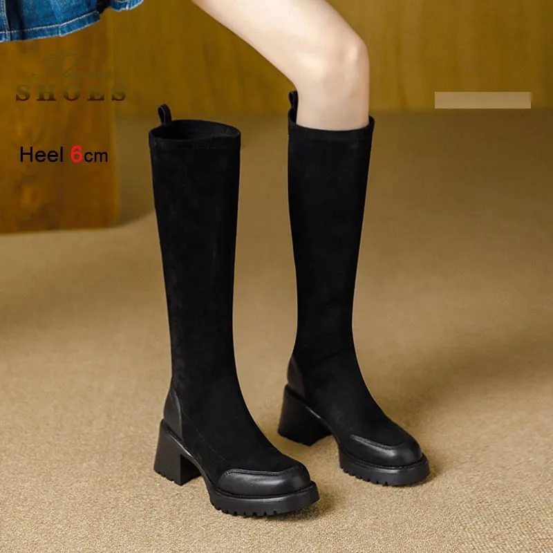 

Новые женские высокие сапоги до колена на толстом каблуке, черные, модные, с квадратным носком, эластичные, повседневные, женская обувь