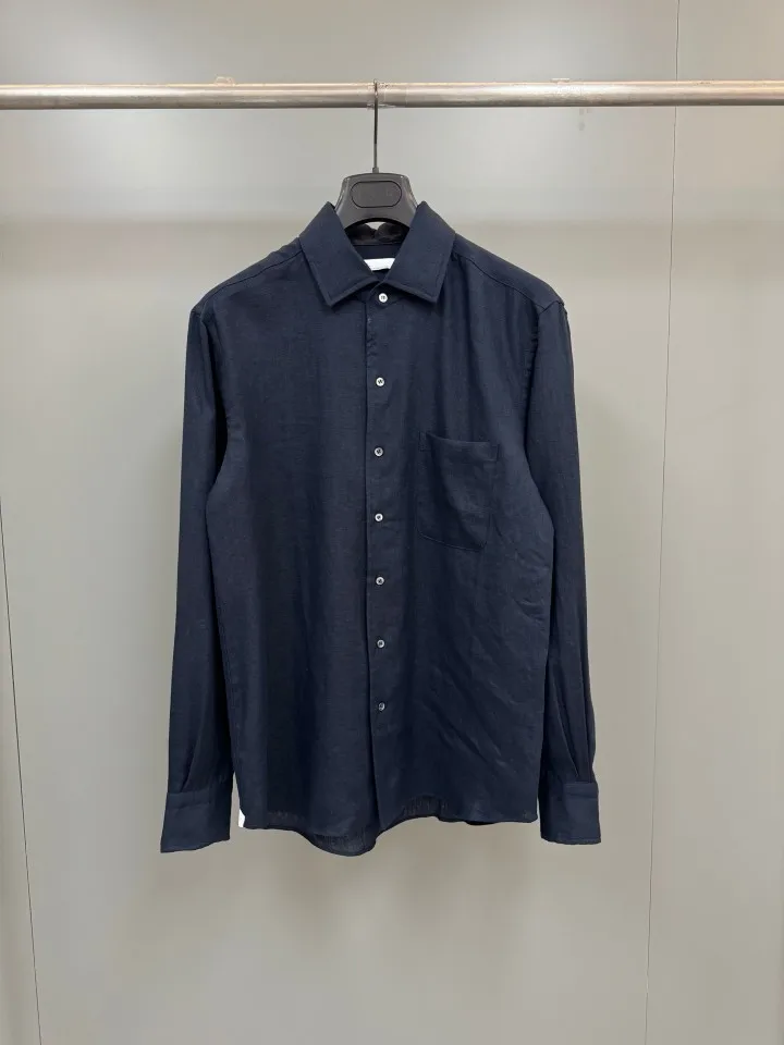 LP Old Money Style 2026 New Arrival Mens Linen Logo Side Trim Soft Smooth Turn Down Collar Solid Color Casual Shirt